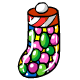 A plastic stocking shape filled to the brim with various jelly bean flavours.