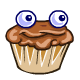 A yummy chocolate cupcake with crunchy candy Quiggle eyes.
