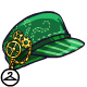 A stylish green cap with an intricate gear adornment.