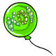 Its a brightly coloured green balloon with the word Koi written in little bubbles on it.