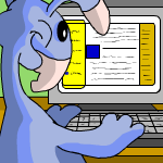 a blumaroo from neopets using a computer.