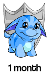 1 month: A happy blue poogle infront of a silver user shield