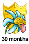 39 Months: A strange blue flower smiling with its tongue out infront of a golden user shield