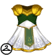 A green and white embroidered dress with gold shoulder pads will definitely make you feel like a Warrior Queen.
