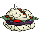 A rather odd looking bap filled with lettuce, tomato and some strange purple stuff.