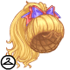 A blonde wig in a high ponytail topped with a bright bow.