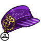 A stylish purple cap with an intricate gear adornment.