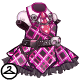 A dark layered dress with a skull belt and bright pink plaid design.