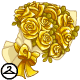 The golden roses featured in this bouquet are one of a kind. These gilded flowers were actually grown by gardening expert Tressa with help from Professor Gelbe, the head of the School of Nature at the University.