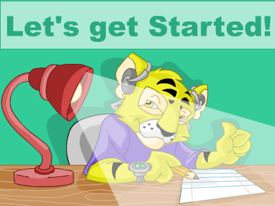 A Yellow Kougra with headphones and a lamp giving a thumbs up. Above is the text Lets get Started!