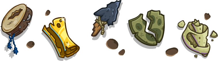 An assortment of tattered old items, each item is described individually below